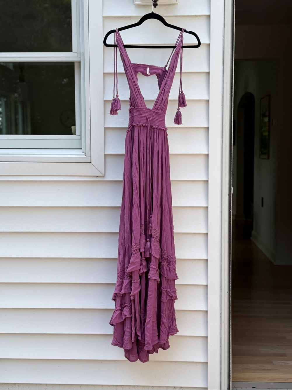 Anthropologie Dusky Mauve Tiered Maxi Dress with Tassel Straps